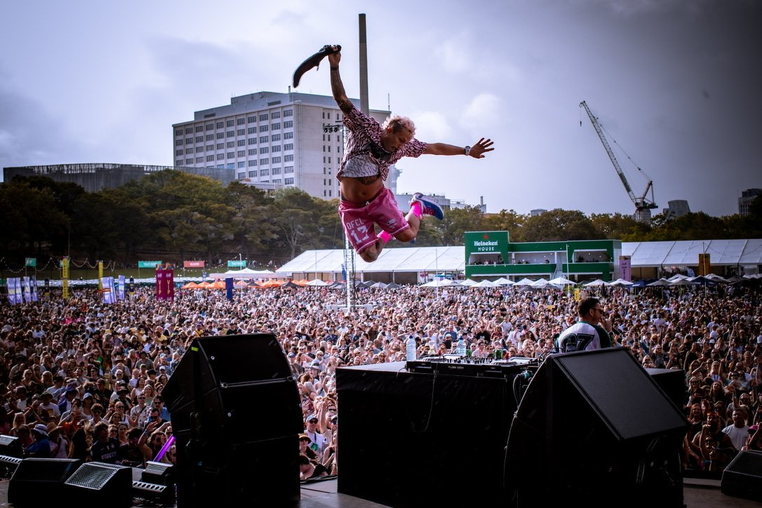Synthony Festival — mid air over the decks