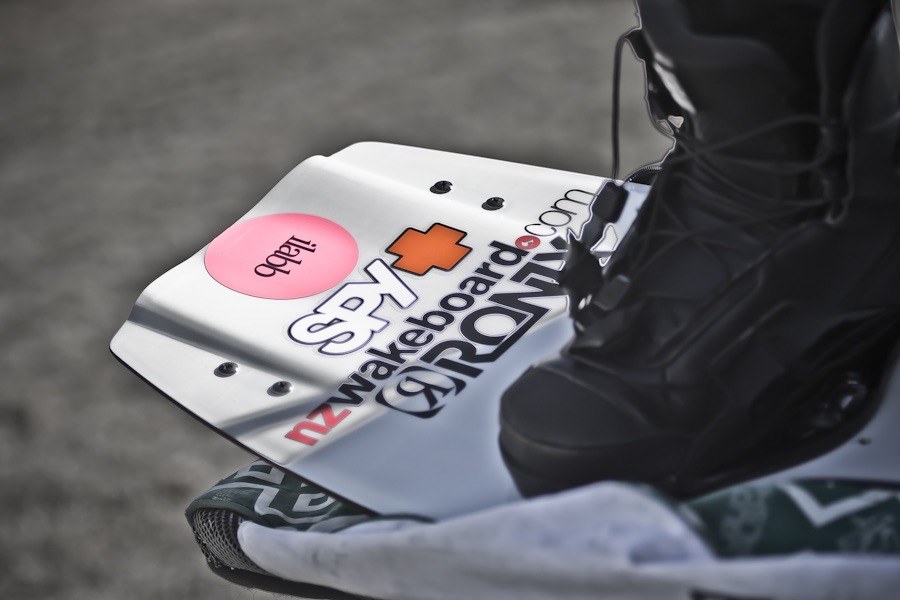 NZ Wakeboard Champs — board and binding on the dock